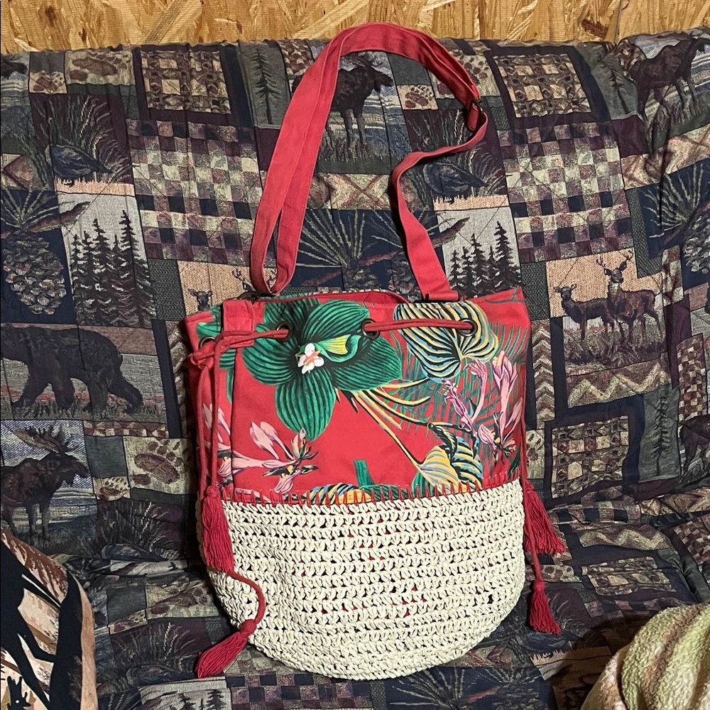 Tropical Red Floral Straw Tote Bag
